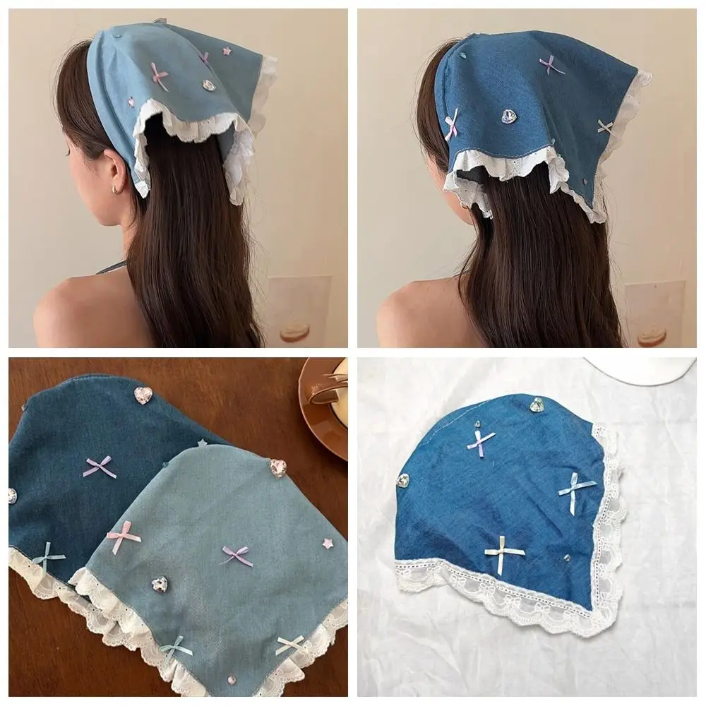 

Cute Korean Denim Triangle Headscarf Crystal Bowknot Lace Hair Band Polka Dot French Women Hair Scarf Beach