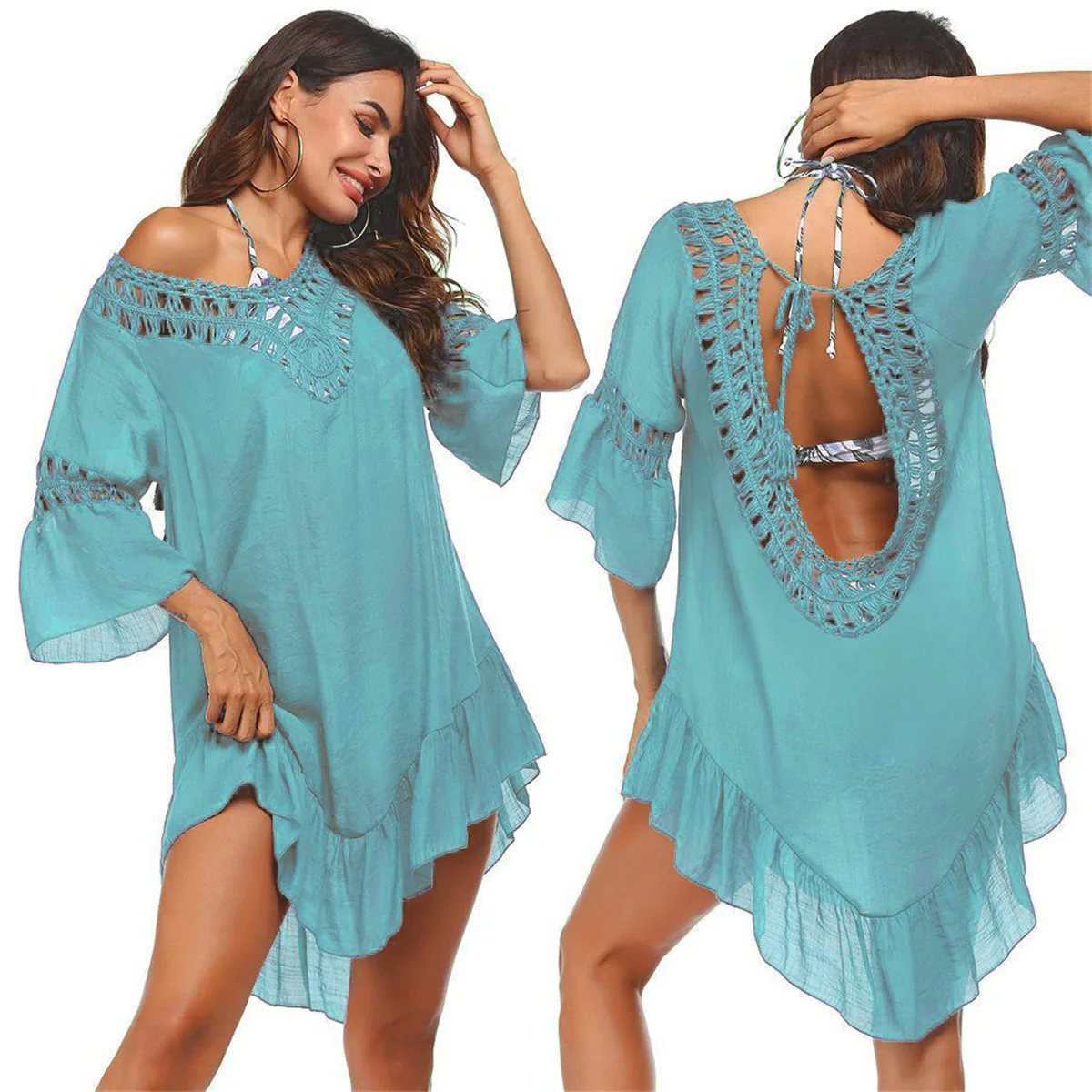 Verão sólido decote em v oco para fora manga de três quartos irregular crochê vestido curto feminino férias sem costas rendas vestidos smock