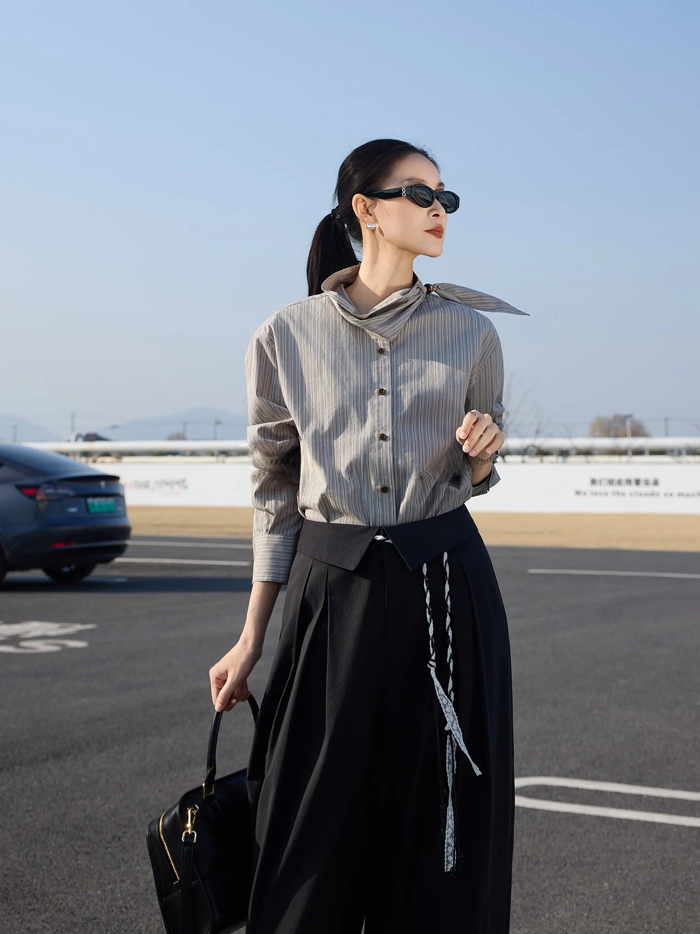 

Женская хлопковая полосатая рубашка Jieji Zhang с воротником-стойкой, повседневная, свободного кроя, с длинным рукавом, укороченная