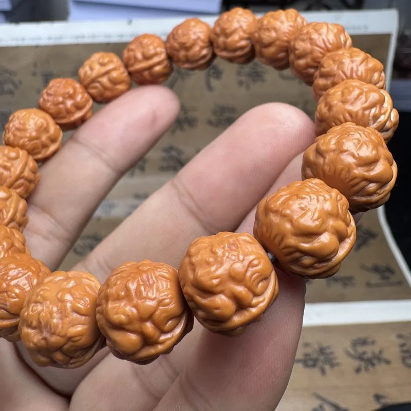 Monkey Head Carved Golden Toad Bracelet 14mm Walnut Beads
