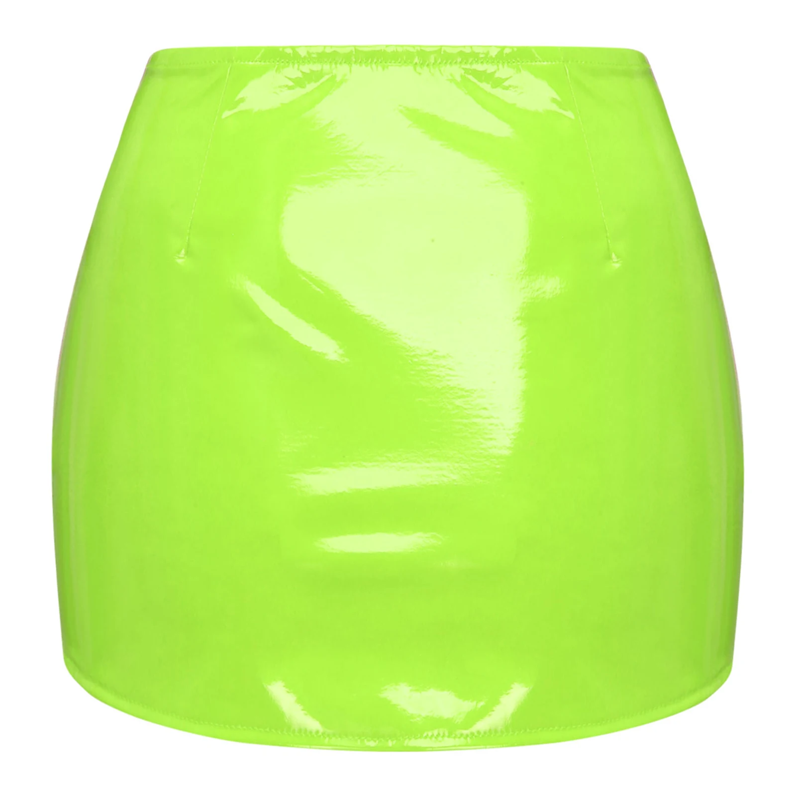 Rok Mini Tampilan Basah Seksi Wanita Bodycon Pinggang Tinggi Kulit PU Sisipan Samping Jaring Tipis Pakaian Karnaval Pesta Mengkilap Ritsleting Depan