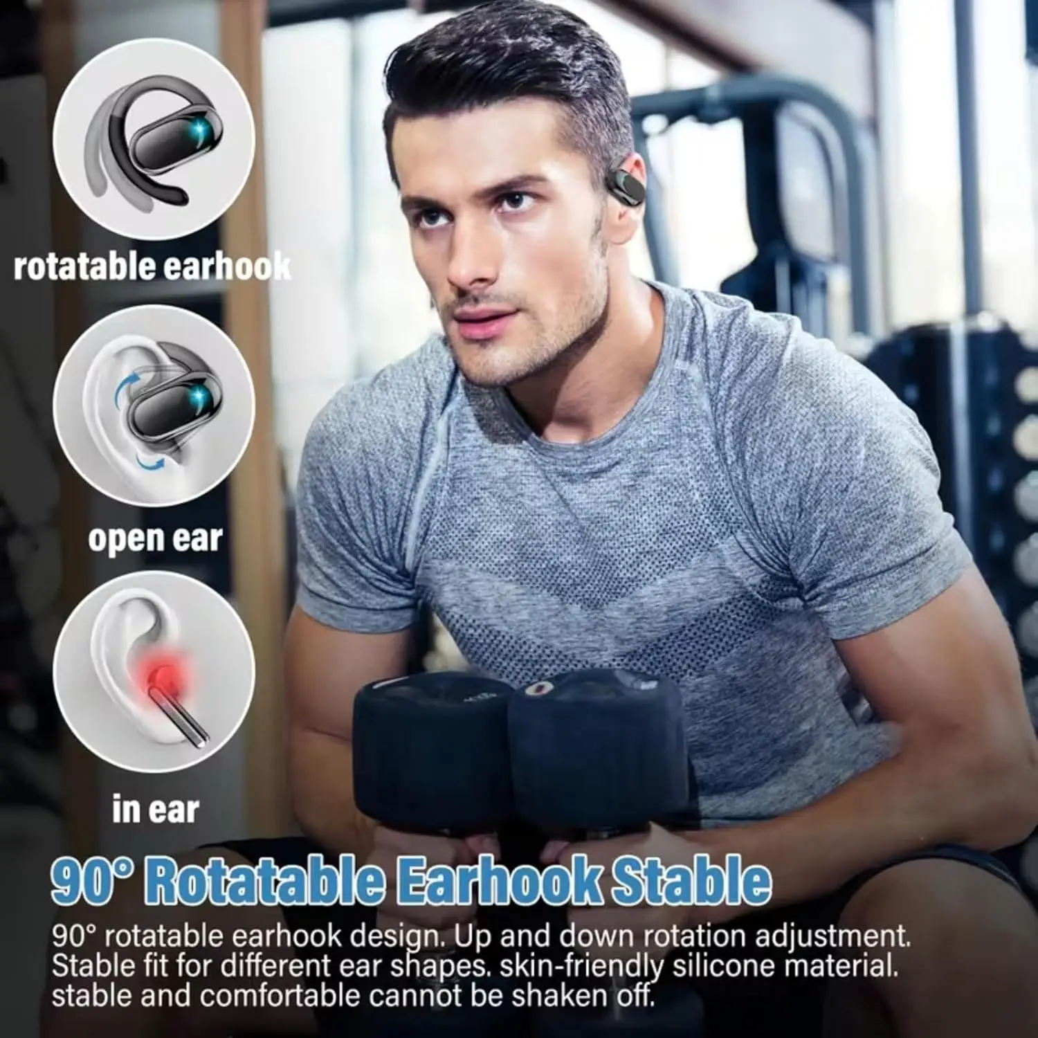 Open Ear OWS Earphones and Headset featuring IPX5 90° Rotatable Hook 16mm Bass BT 5.4 ENC Mic LED Display for Sports.