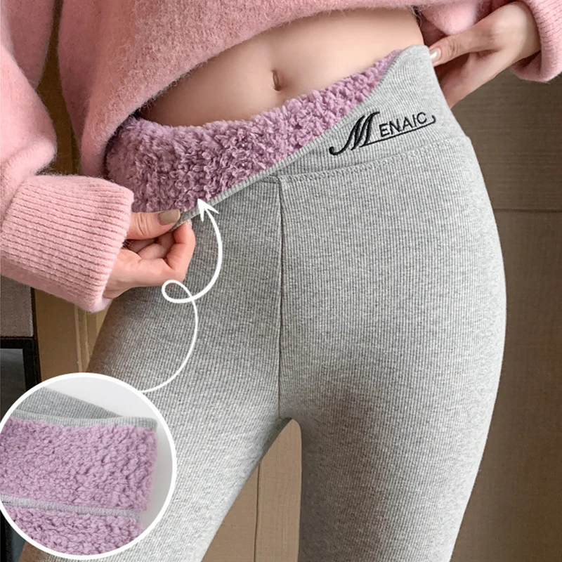 Legging wol domba tebal wanita, Legging musim dingin wanita, celana panjang pergelangan kaki termal berjajar bulu hangat, Legging elastis pinggang tinggi