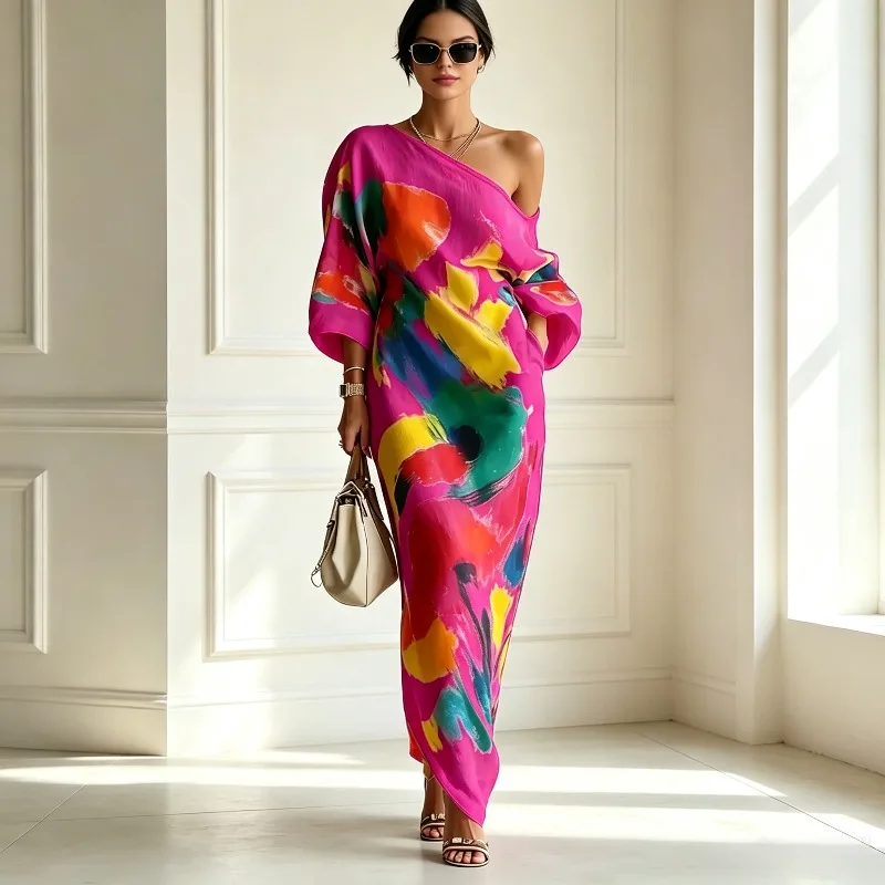 French Style Women Abstract Oil Painting Print Maxi Dress Elegant One Shoulder 3/4 Sleeve Loose Caftan Kaftan with Pockets