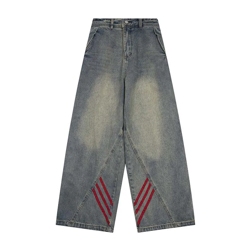 High Street Red Striped Jeans for Men Water Washed Distress Denim Jeans Women Baggy Wide Leg Pants Streetwear Y2k Clothes