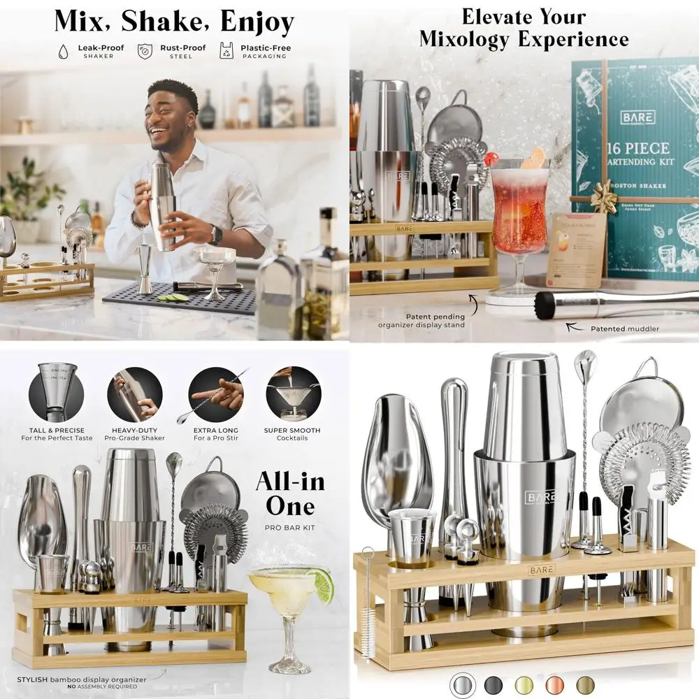 

Набор для приготовления коктейлей из 16 предметов для домашнего барменства | Набор для приготовления коктейлей Бостонский шейкер (28 унций) с 35 рецептами | Серебряные/натуральные инструменты для миксологии