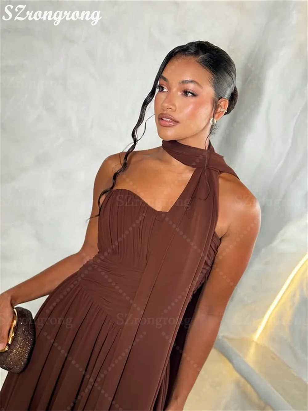 فستان سهرة شيفون كلاسيكي بياقة على شكل قلب مصنوع حسب الطلب على شكل حرف a بدون ظهر بطول الأرض مع شال فيستدوس #2