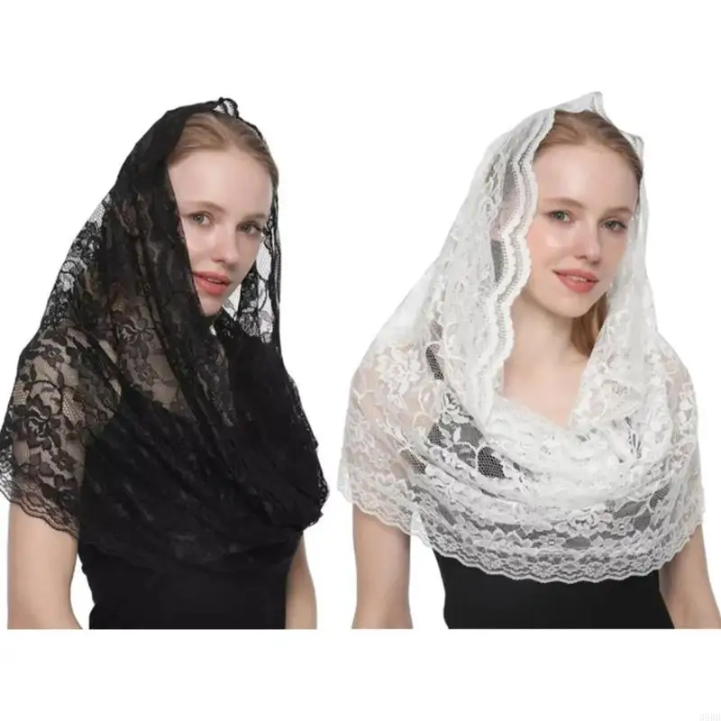 

652F Elegant Lace Mantilla Veil Catholic Church Headscarf Bride Veil Chapel Headscarf Vintage Flower Veil Wedding Accessory