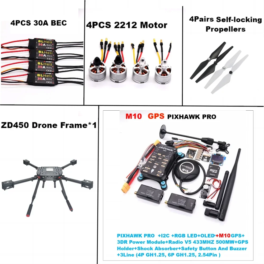 Kit complet de cadre PIXHAWK PRO M10 450-Arupilot, télémétrie 100MW, ESC BLHELI 30A, moteurs 2212-grande valeur pour les amateurs de drones