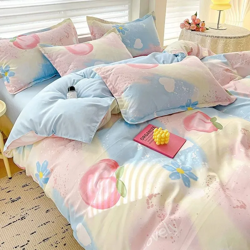 100% pure thickened skin friendly cotton four piece set double bed single bed diagonal cartoon duvet set dormitory
