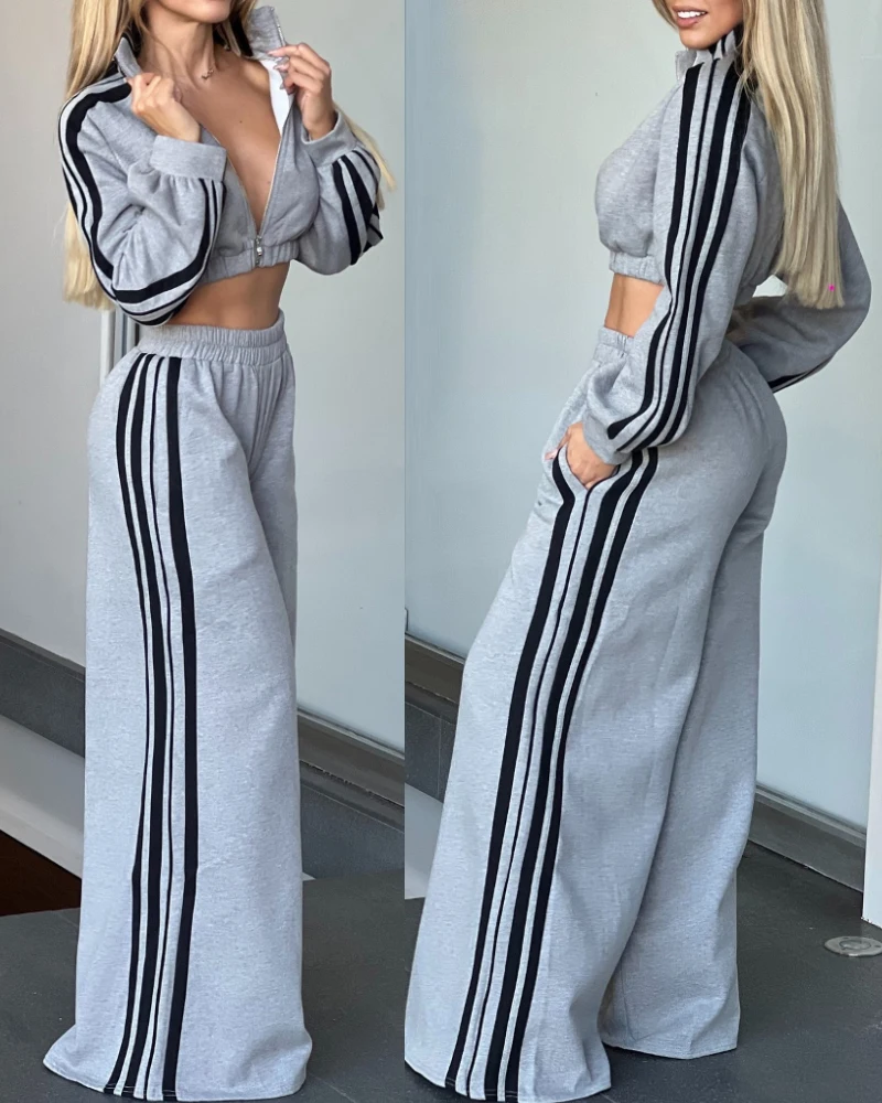 

Two Piece Set Women Outfit 2025 Spring New Striped Stand Collar Long Sleeved Crop Zipper Top & High Waist Wide Leg Pants Set