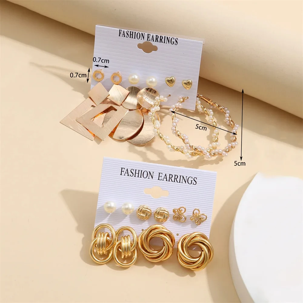 Vintage 2Sets/Pack Gold Color Metal Twist Pearl Hoop Earrings for Women Girls Geometric Knot Heart Dangle Earring Set Jewelry image 3
