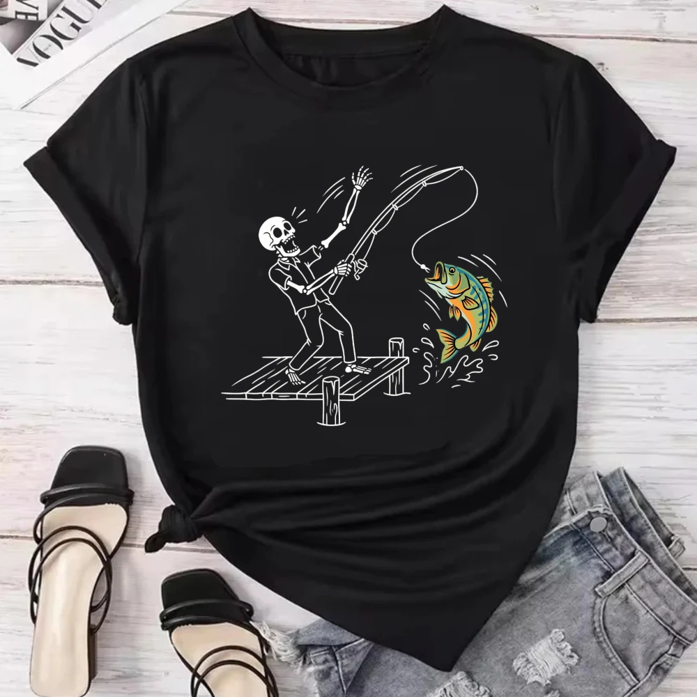 Unisex Skeleton Fishing Graphic T Shirt Men Women Halloween Angler Bass Fish Print Short Sleeve Tee Outdoor Fisherman Casual Str