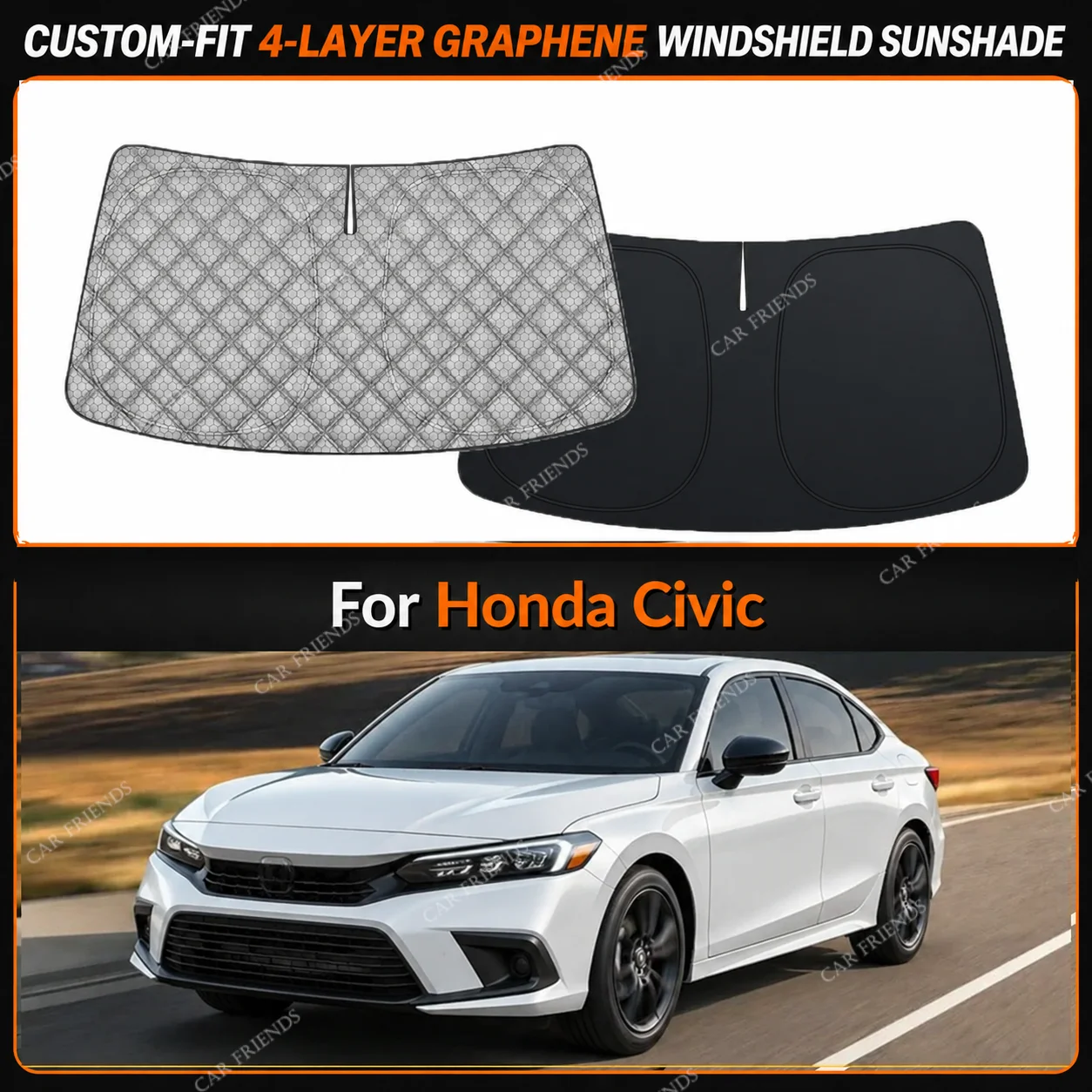 For Honda Civic Custom-Fit 4-Layer Graphene Windshield Sunshade Reflective Gray-Silver Surface Helps Reduce Direct Sunlight