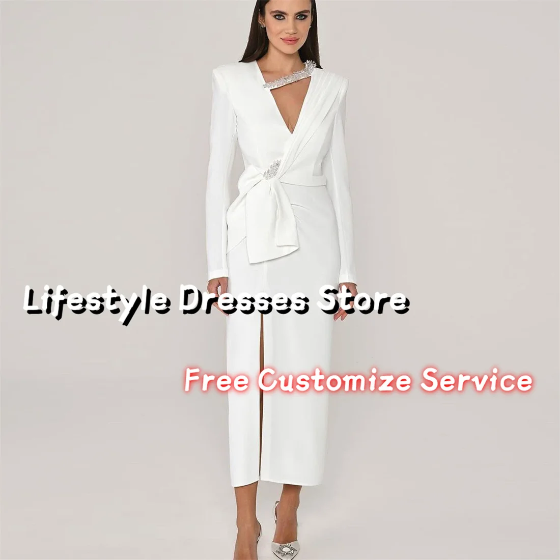 

Long Sleeves Beads Evening Dresses Sexy V Neck Wedding Party Gown Special Occasion Dress Customize Color robes du soire