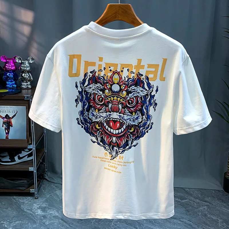 Chinese Style Lion Print Design Men's Short SleeveTT-shirt Summer New Printed Breathable Sweat-Absorbent Casual All-Matching Top