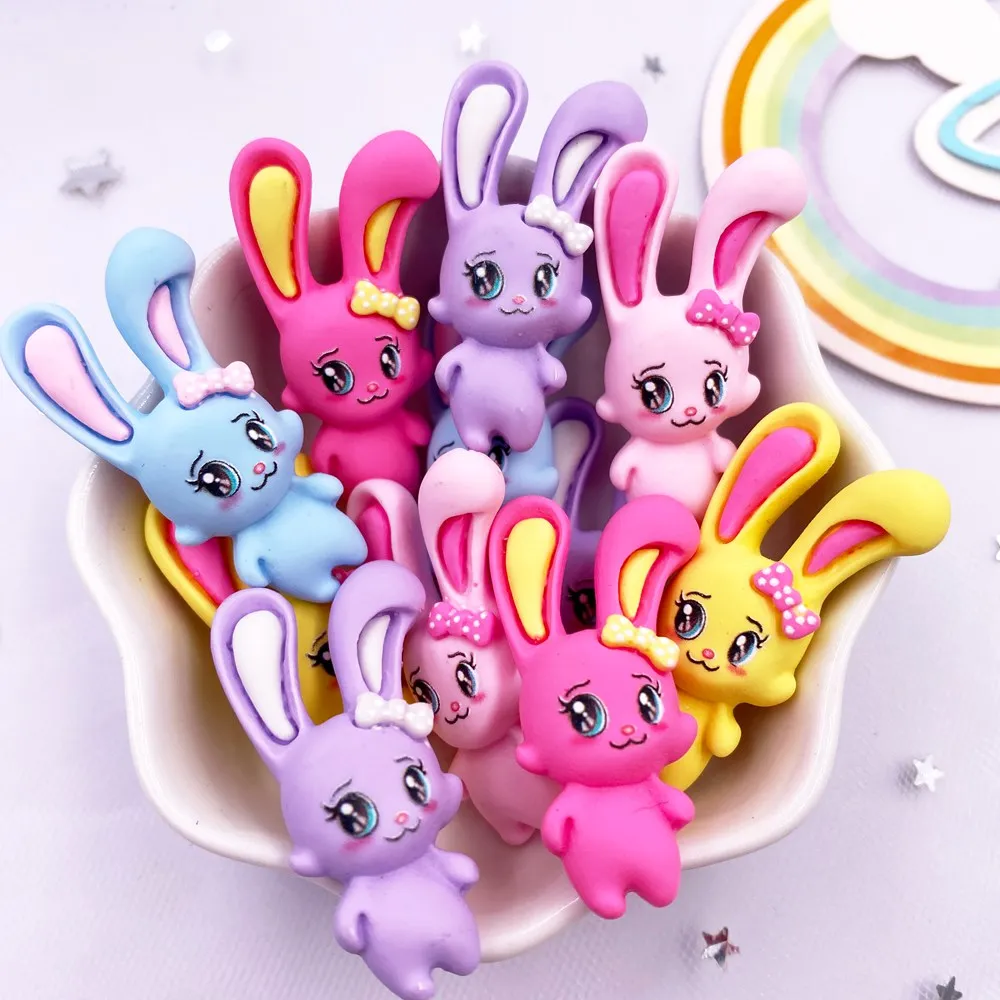 10Pcs Resin Colorful Kawaii Long Ears Rabbit Flatback Cabochon Stone Figurine Christma Decor Accessorie DIY Bow Scrapbook Crafts