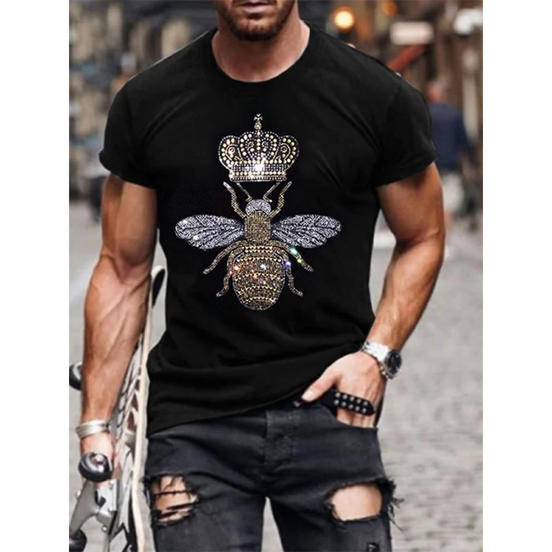 Men\'s Quality Fashion T-Shirts Casual Street Short Sleeve Letter Hot Drill Men Clothes Tee Tops O-Neck Rhinestone Tshirt Y2K New