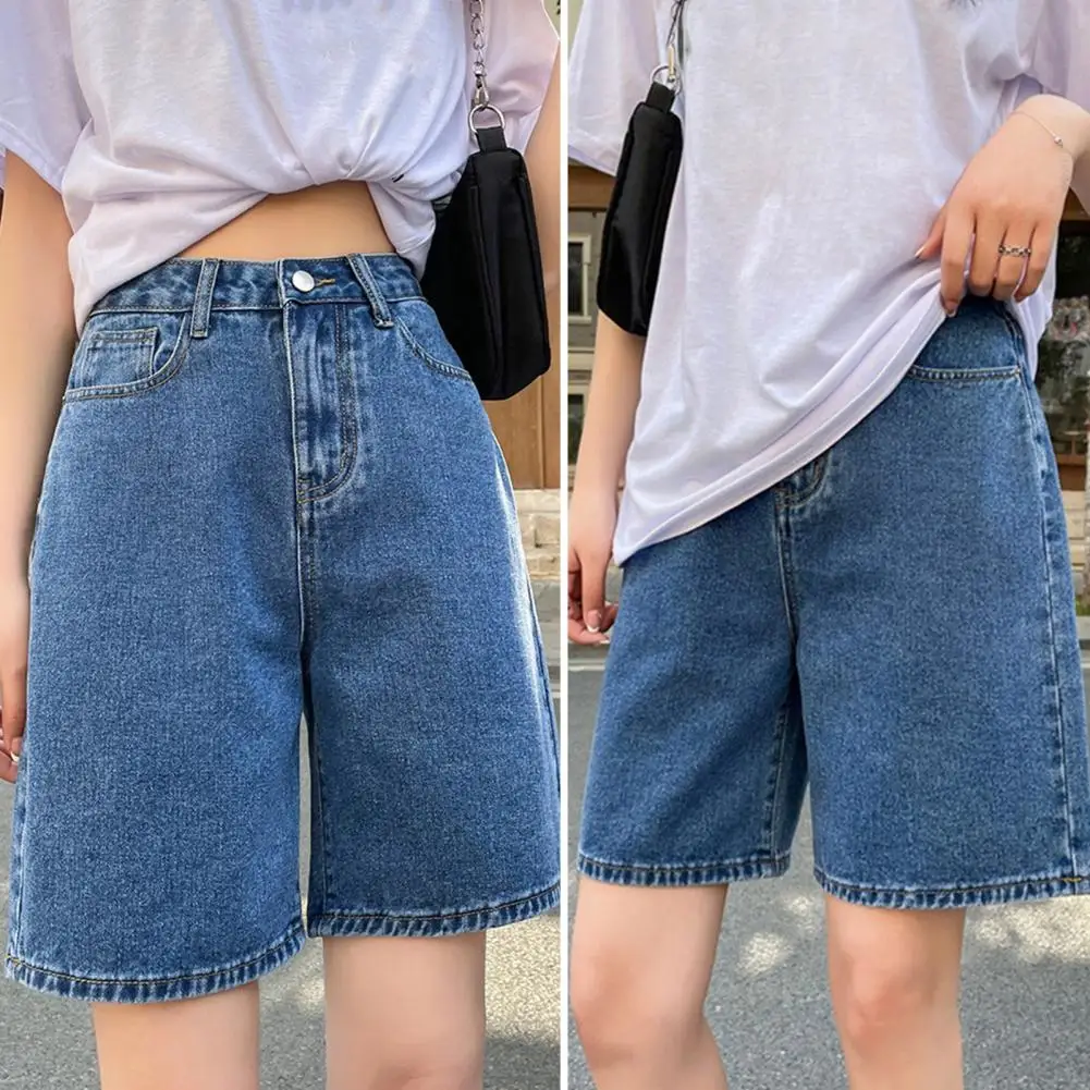 Zip Fly Denim Shorts Vintage Denim Shorts with Adjustable Waist Pockets for Women Knee Length A-line Jeans with Zipper Closure