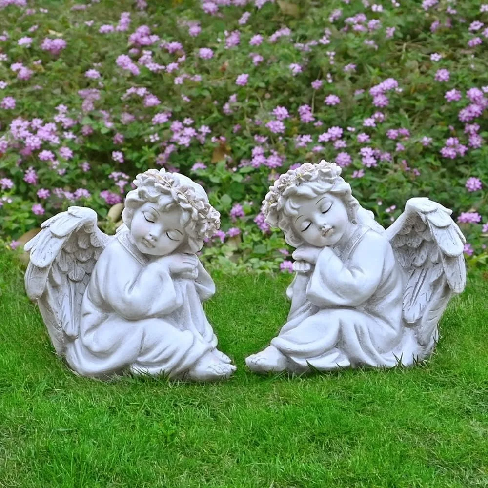 Angel Statue Garden Decor for Outside Solar Outdoor Decorations Cherub for Christmas Yard Porch Home Lawn Gifts (2pcs)