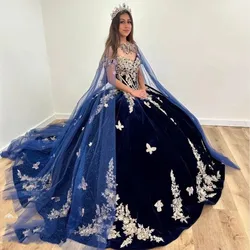 Velvet Navy Blue Cape Wrap Luxury Princess Prom Gowns Pretty Applique Butterfly Boning Spring Summer Quinceanera Dresses