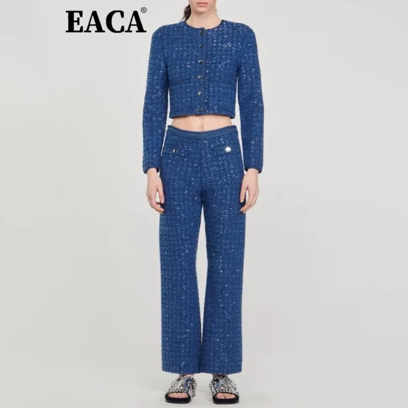 

EACA Round Neck Plaid Fine Shiny Sequin Round Neck Short Jacket Wide Leg Pants Set For Women's 2025 Autumn/winter New Style