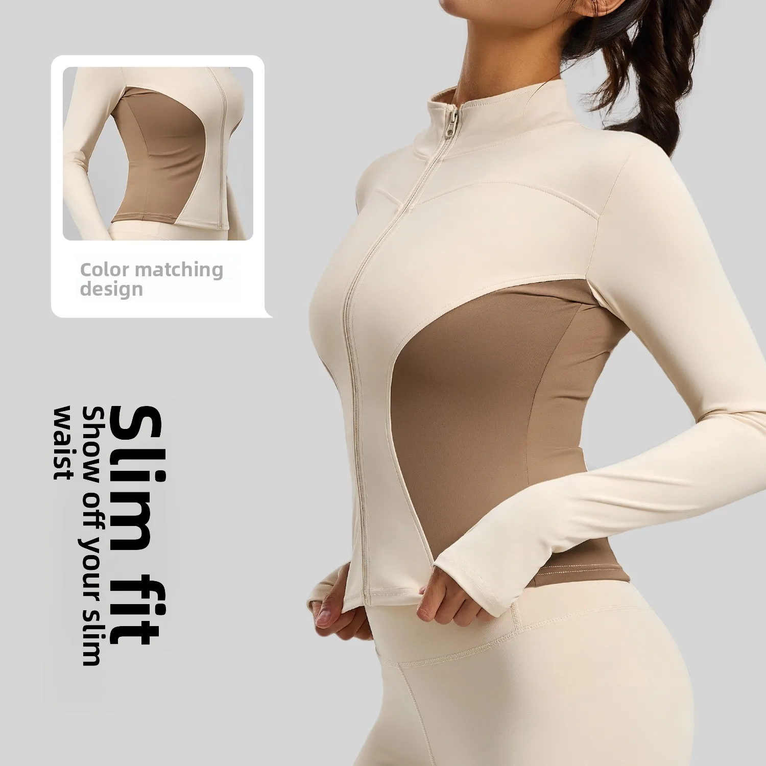 Giacca da yoga dimagrante a blocchi di colore Donna Autunno Inverno Cerniera Manica lunga Pollice Cappotto sportivo Palestra Corsa Fitness Top di grandi dimensioni