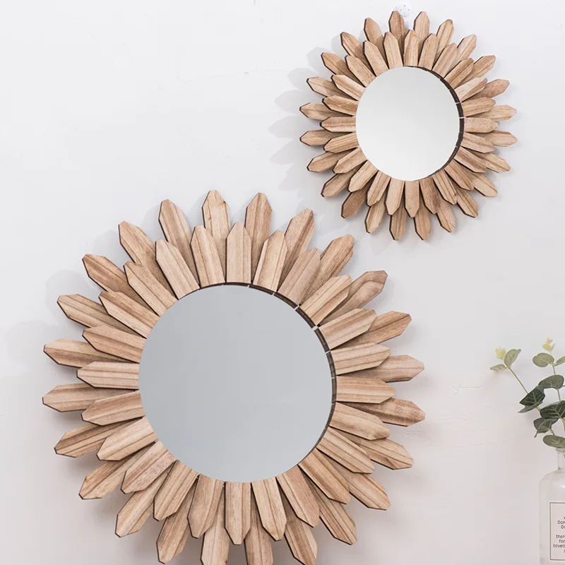 30/43cm Round Sunflower Wall Mirror, Handmade Round Decorative Mirror for Entryway Hallway Bedroom, Rustic Boho Home Hotel Decor