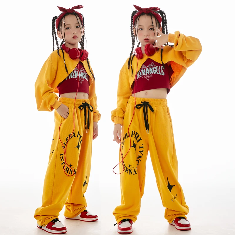 

Kids Hip Hop Dance Clothes Girls Yellow Tops Pants Long Sleeves Jazz Dance Performance Costume Teens Group Concert Outfits 11912
