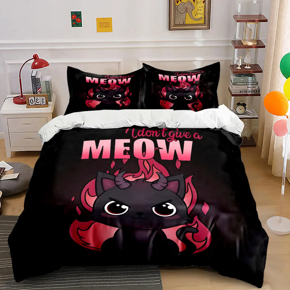 3Pcs Devil Black Cat Red Flame Duvet Cover Set, Funny Quote Meow Gothic Kids Bedding Single Double King Queen, Gift