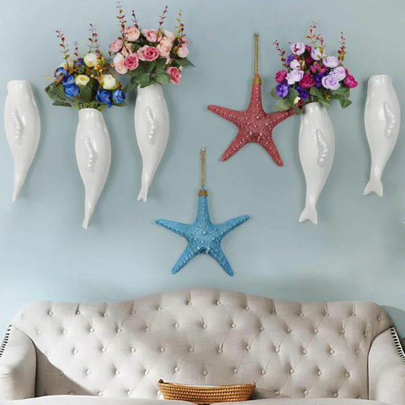 Nautical Style Home Wall Hanging Decoration Resin Starfish Decor Background Pendant Modern Creative Wall Ceramic Goldfish Vase