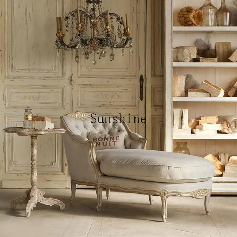 

American solid wood chaise longue living room carved lounge chair retro old golden studio photography buckle