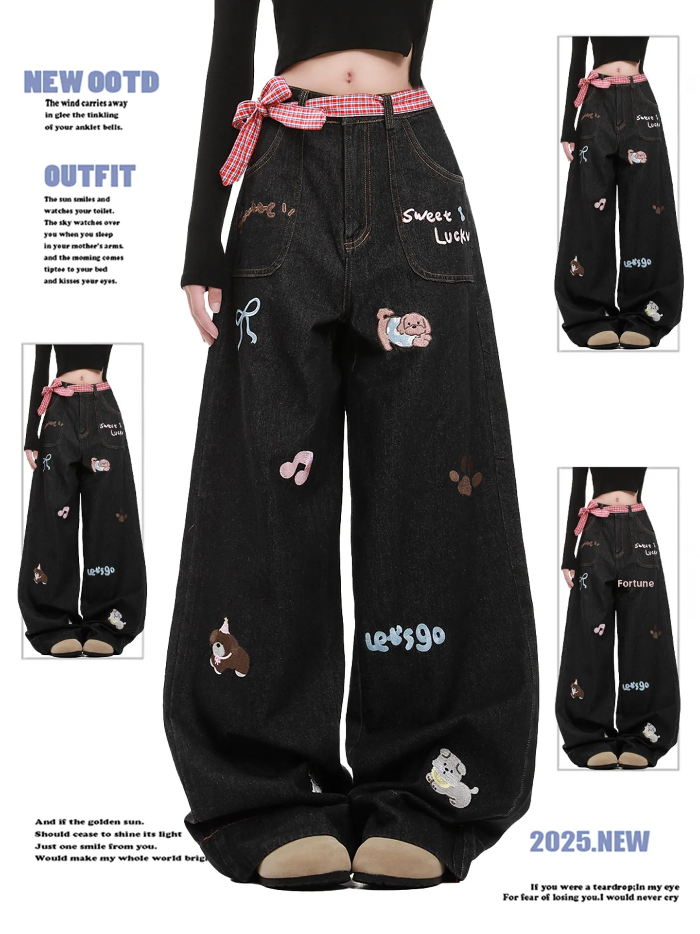 

Модные женские джинсы с вышивкой в виде собаки, с высокой талией, широкими штанинами, свободного прямого кроя, больших размеров, осенне-зимние