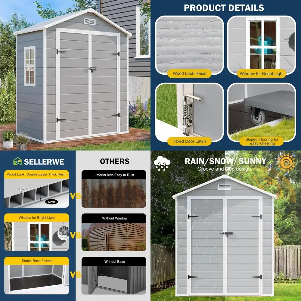 

Сарай для хранения из смолы 6x3, водонепроницаемый для улицы с полком, окном, двойными дверями, запираемыми, 2 вентиляционными отверстиями, пластиковым навесом для использования на открытом воздухе