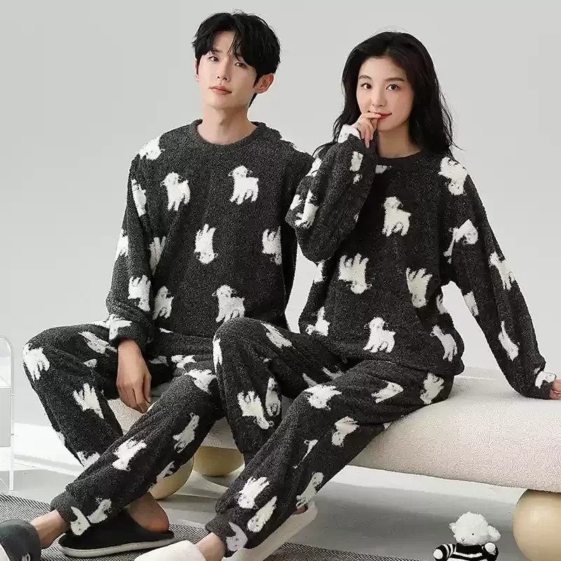 Coreano coral velo homewear feminino e masculino combinando pijamas conjunto para o inverno casal dos desenhos animados bonito pijamas pareja