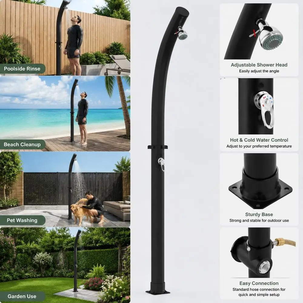 Douche solaire d'extérieur, capacité de 20 L, corps en PVC noir et alliage de zinc, pommeau de douche réglable, station de bain portable pour jardin, patio, camping, kit d'assemblage facile inclus
