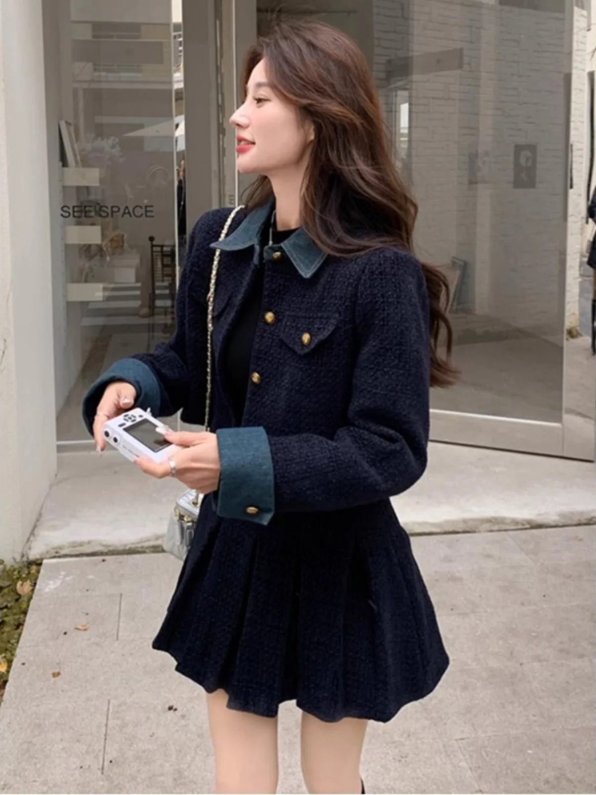 

Thickened Tweed Set Skirt Women's Winter Fashion Bouffant Skirt Two-Piece Set Polyester Fabric 18-25 Years Old Suitable