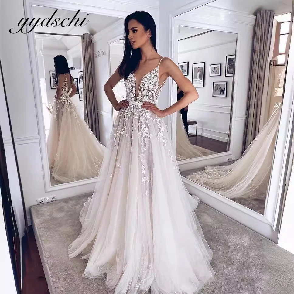 

Customized 2025 Deep-V Neck Appliques Bridal Gowns Spaghetti Straps Sleeveless Wedding Dresses vestidos de novia платье
