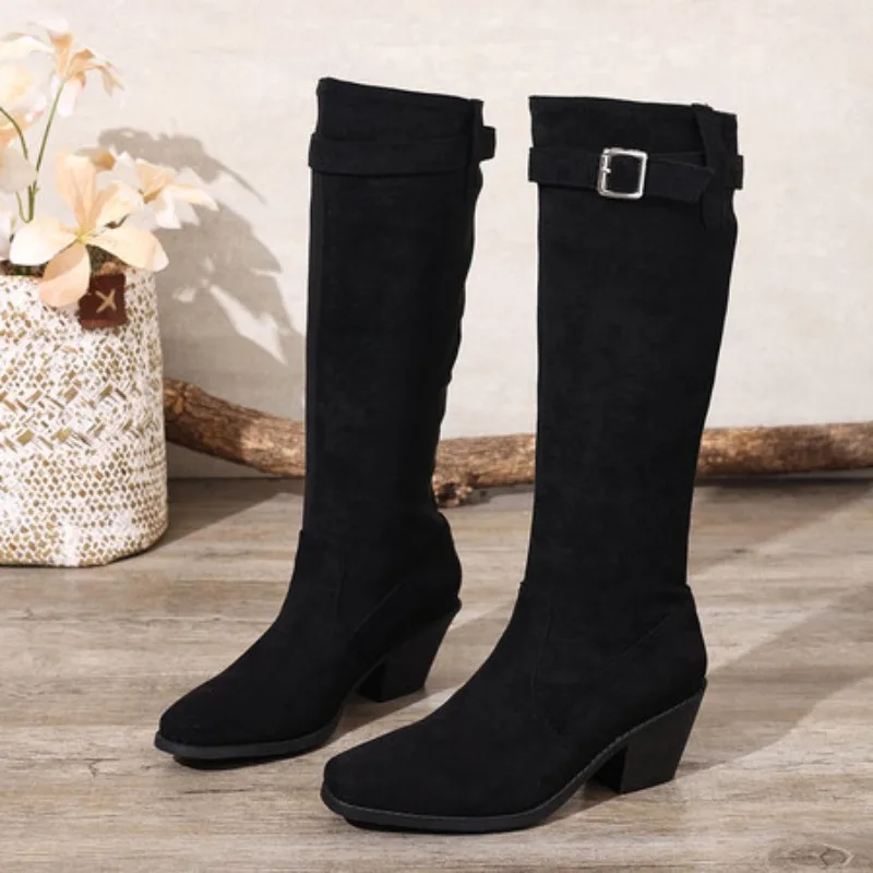 

2025 Vintage Female Knee High Footwear Round Toe Block Heels 6cm Slip on Belt Large Size 41 43 44 45 Casual Daily Bota