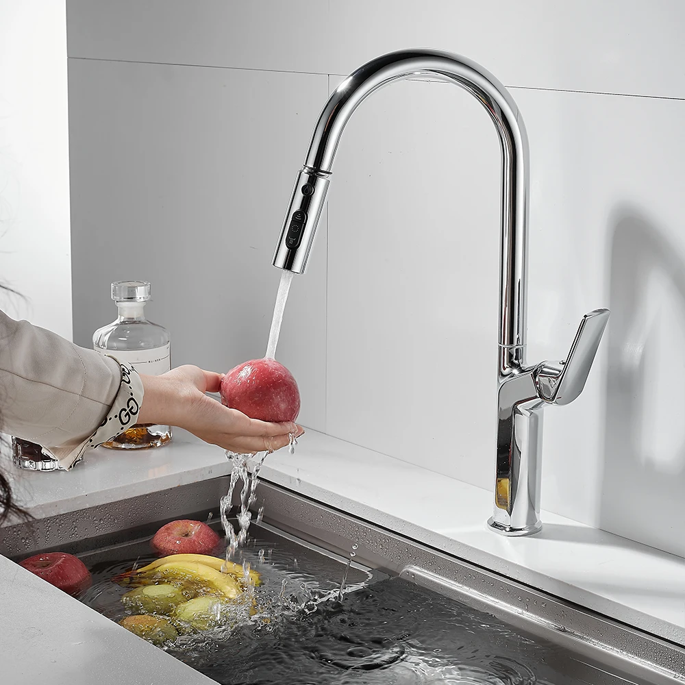 TOLM Gray Kitchen Faucet Pull Out Kitchen Sink Water Tap Single Handle Mixer Tap 360 Rotation chrome Kitchen Shower Faucet