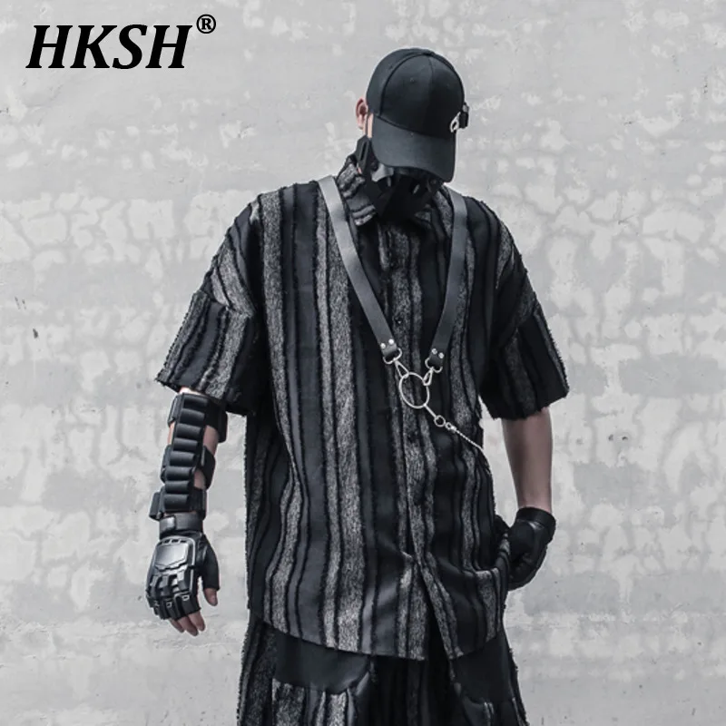 

HKSH Summer Retro Niche Striped Fringe Texture New Chinese Style Patchwork Color Contrast Loose Dark Short Sleeve Shirts HK1352