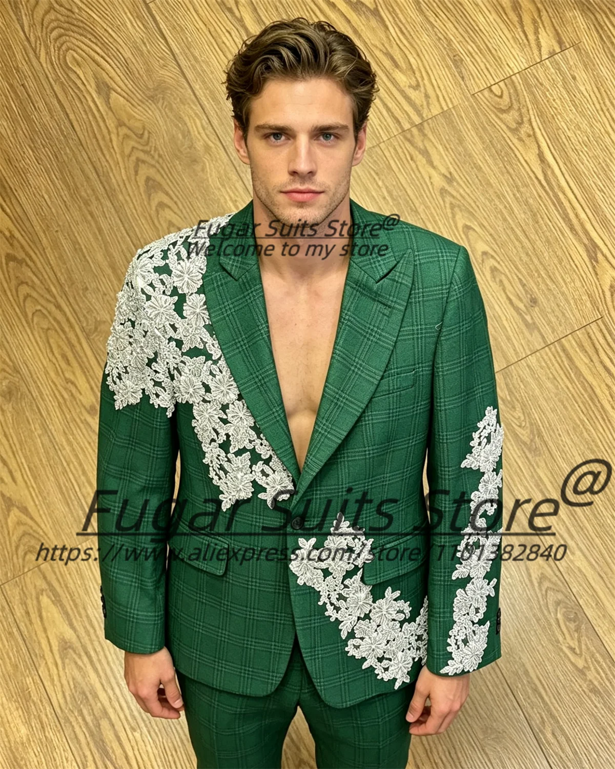 Business Green Plaid Men Suits Luxurious Shiny Embroidery Groom Wedding Tuxedos 2 Pieces Sets Customized Slim Fit Ropa Hombre