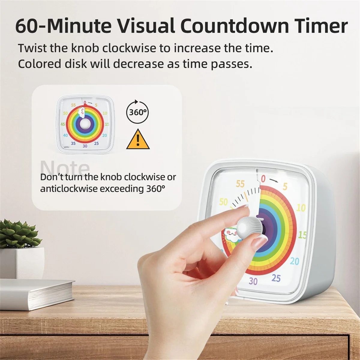 60-Minute Visual Timer with Night Light, Countdown Timer,Pomodoro Timer with Rainbow Pattern for Kids and Adults White