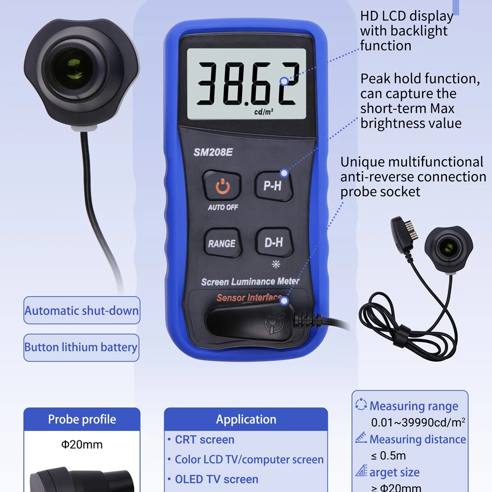 SM208E Screen Luminance Meter 0.01~39990 cd/m² Digital LCD CRT OLED TV Medical X-ray Electroluminescent Screen Brightness Tester