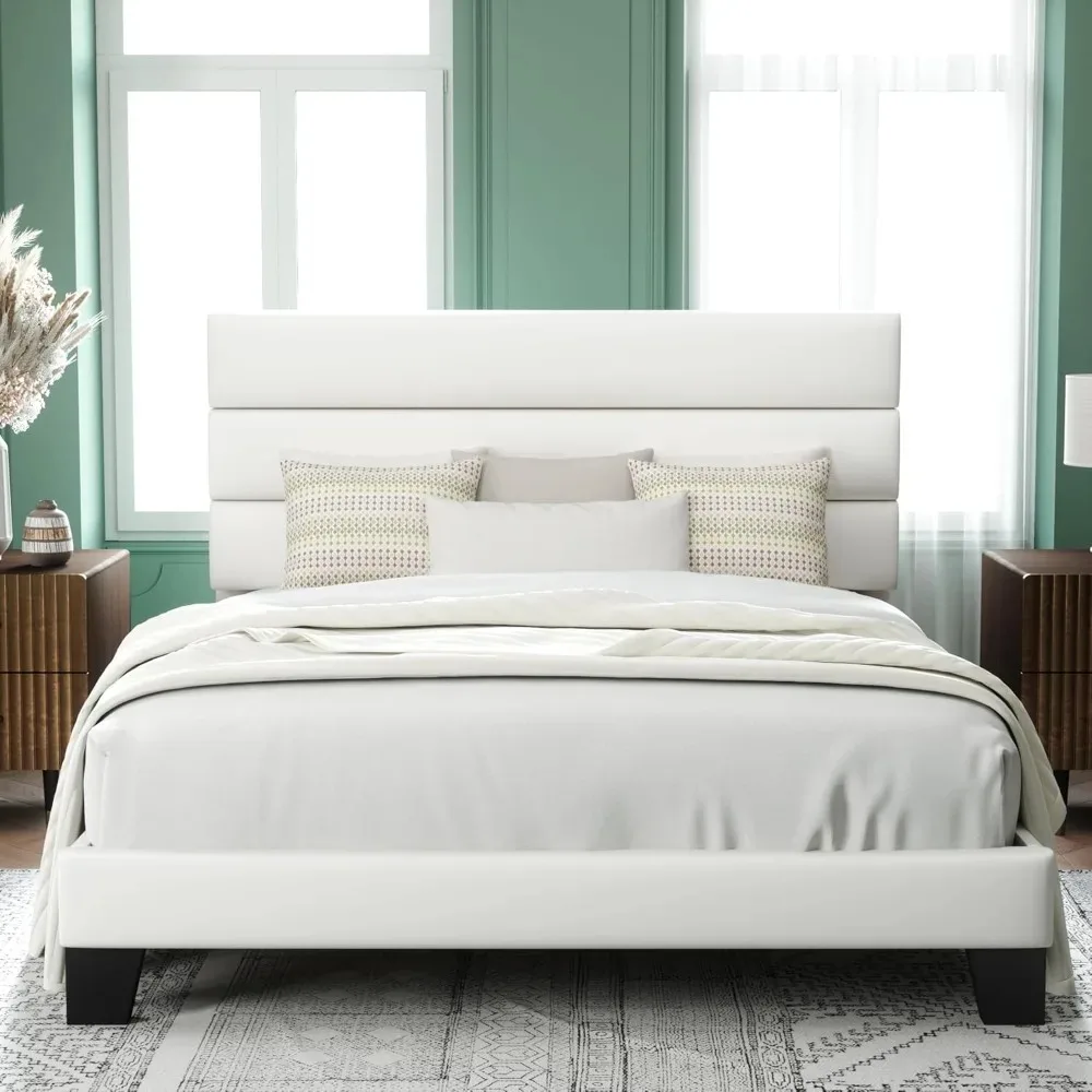 Full Size Platform Bed Frame with Velvet Upholstered Headboard and Wooden Slats Support, Fully Upholstered Mattress Foundation