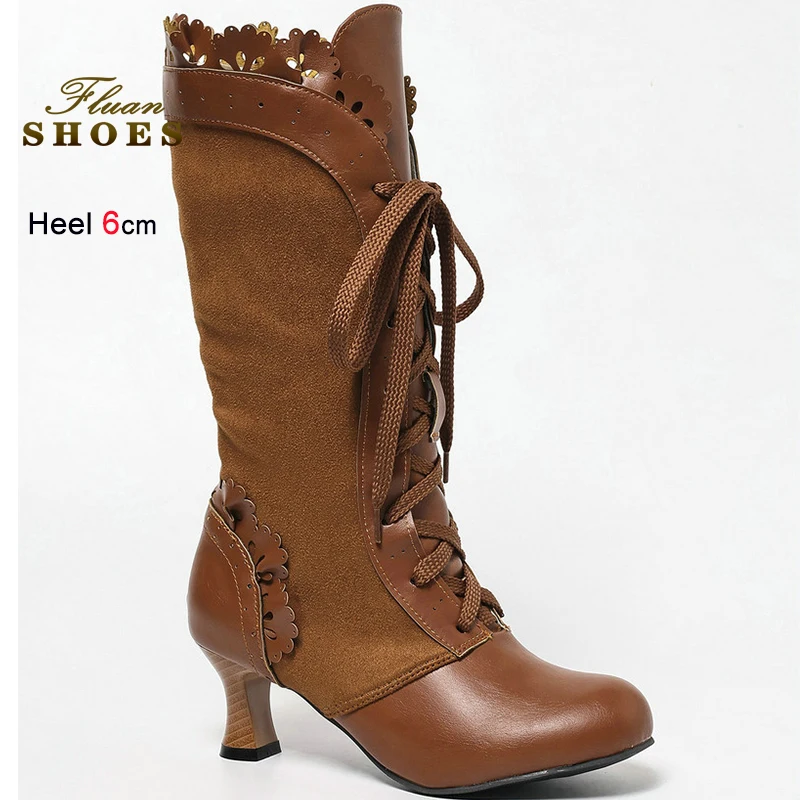 الرجعية الشتاء البني المرأة فارس الأحذية الركبة الجبهة الدانتيل يصل منتصف العجل الأحذية جولة تو كشكش تقليم لوليتا منتصف طول الأحذية حجم 46