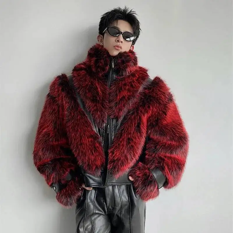 

2025 Red Faux Patchwork PU Leather Men Women Fashion Elegant Thick Warm Winter Fur Coat Furry Short Jacket