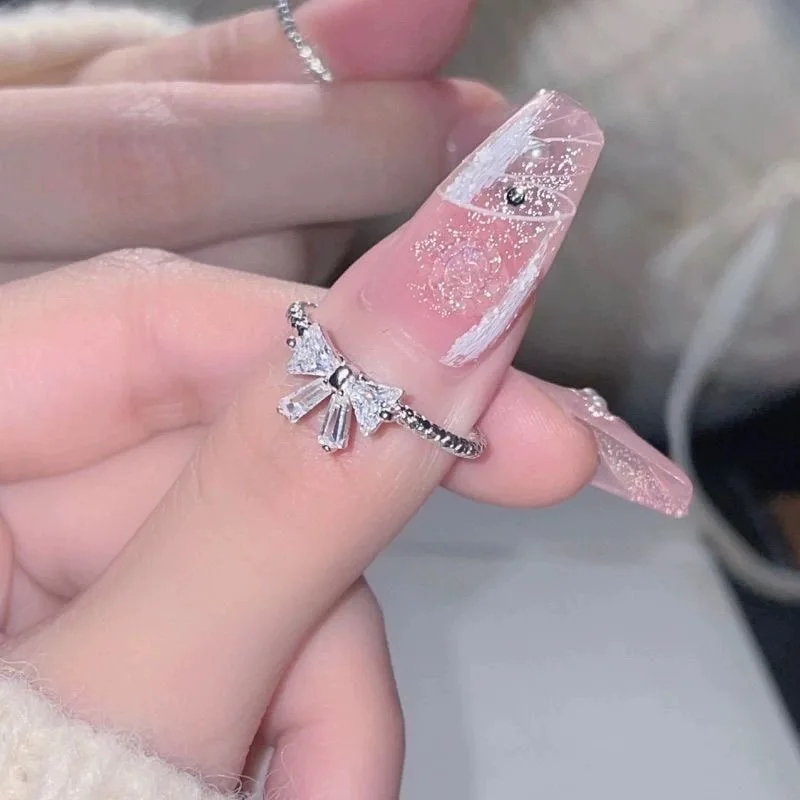 실버 크리스탈 활 반지, Y2K 이모 걸스 빛나는 섬세한 요정 오픈 손가락 반지, 여성 웨딩 파티 트렌디 주얼리