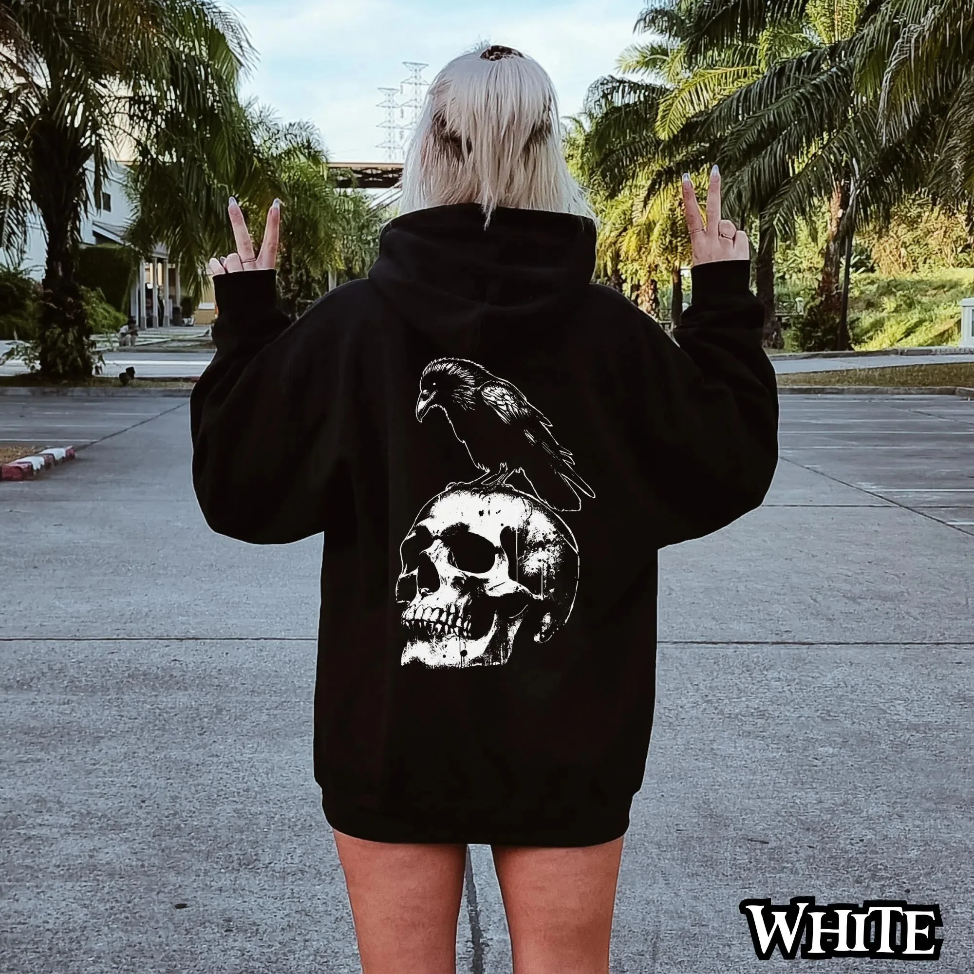 

Autumn and Winter Style Gothic Raven and Skull Print Cotton Hoodie Ideal for Fans of Dark Fashion Seeking Stylish Warmth.