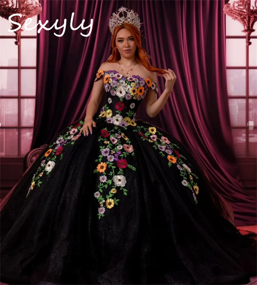 Princess Black Quinceanera Dresses Charro Mexican Coloful Flowers Vestidos De 15 Años Quinceañeras Elegant Birthday Party Gowns